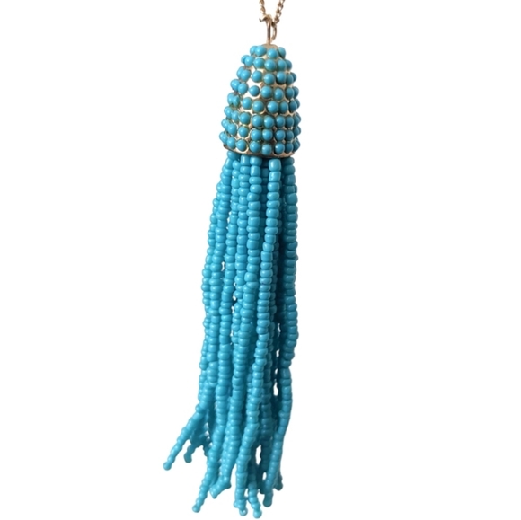 Charming Charlie Gold Blue Turquoise Beaded Fringe Pendant Statement Necklace - Picture 7 of 8